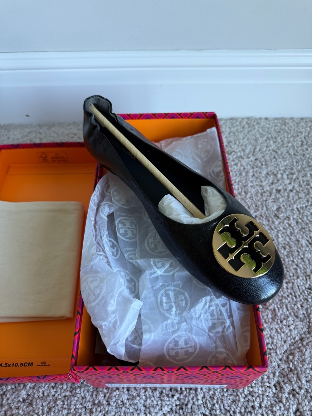 Tory Burch Claire Ballet Flat Shoes Size 8.5 Black Calf Leather
